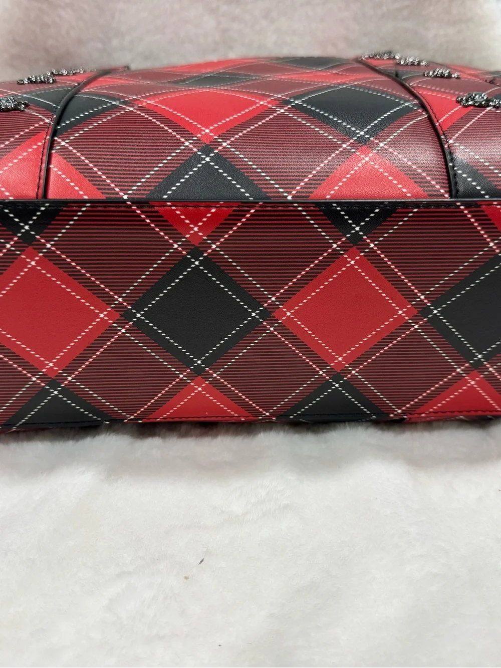 Betsey Johnson Red Plaid Tote Bag with Skull Accent and Black Fur Charm